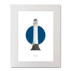 Illustrated artwork of a Scottish lighthouse with a blue circle on a white background