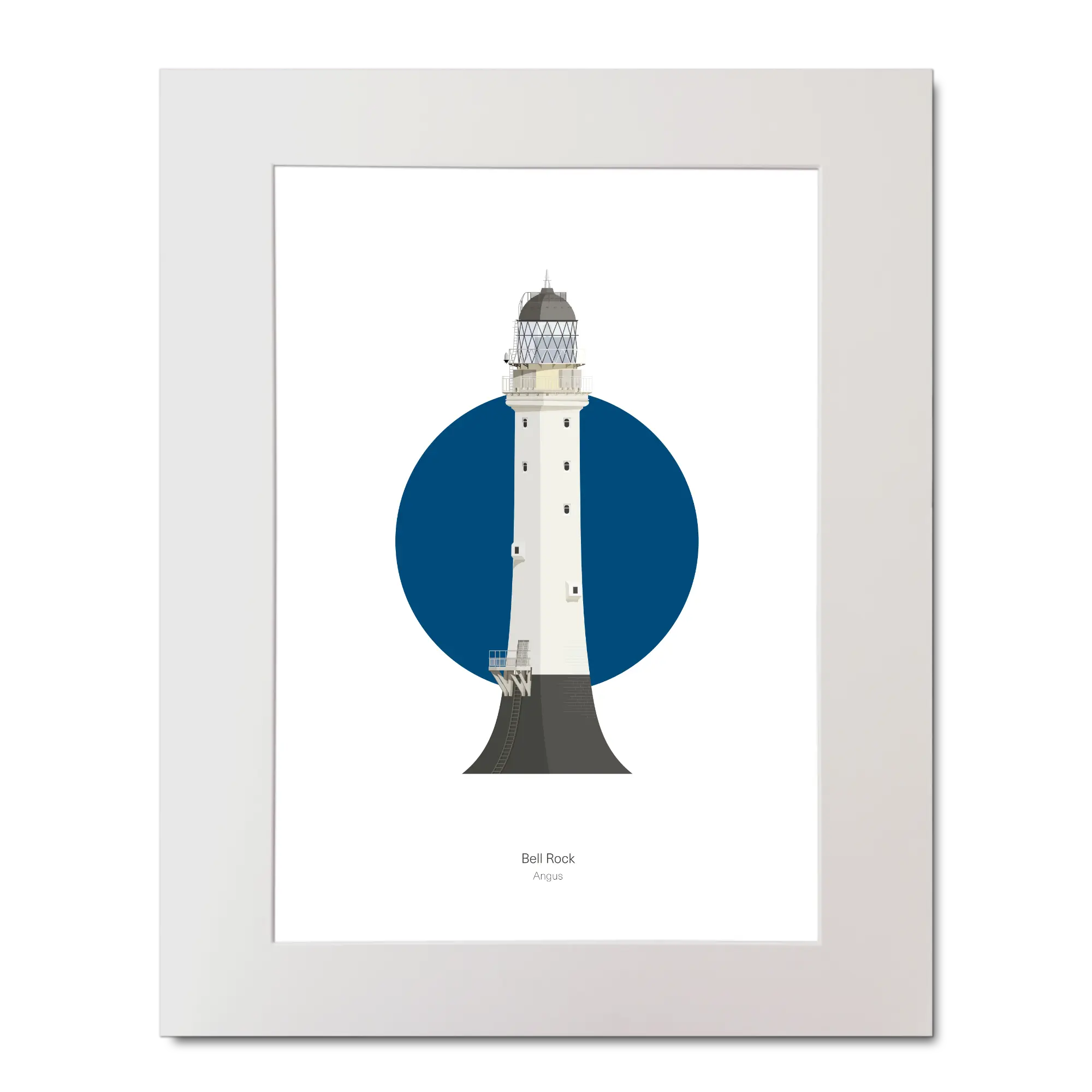Illustrated artwork of a Scottish lighthouse with a blue circle on a white background