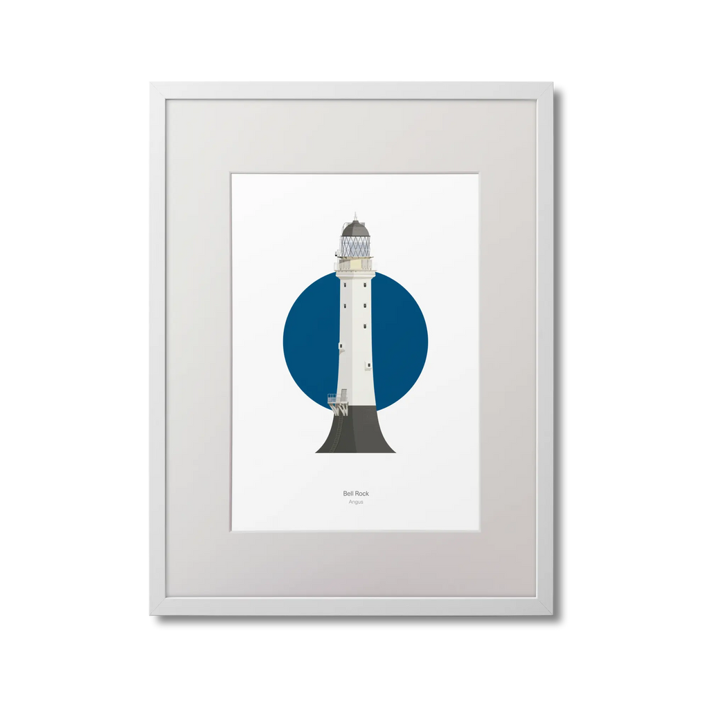 Framed illustration of Bell Rock lighthouse with a blue circle on a white background