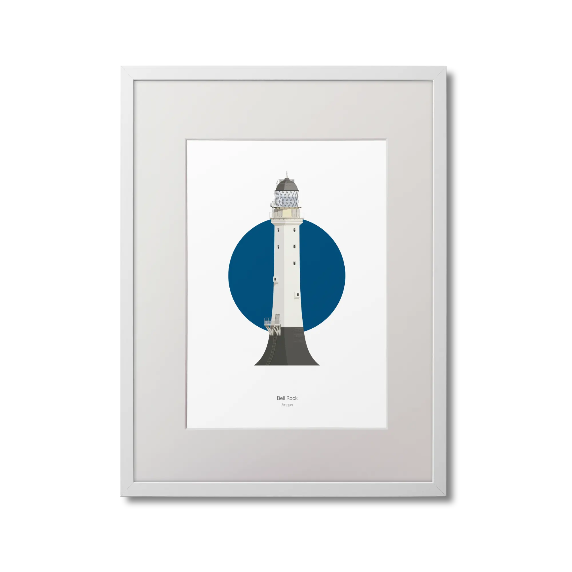 Framed illustration of Bell Rock lighthouse with a blue circle on a white background