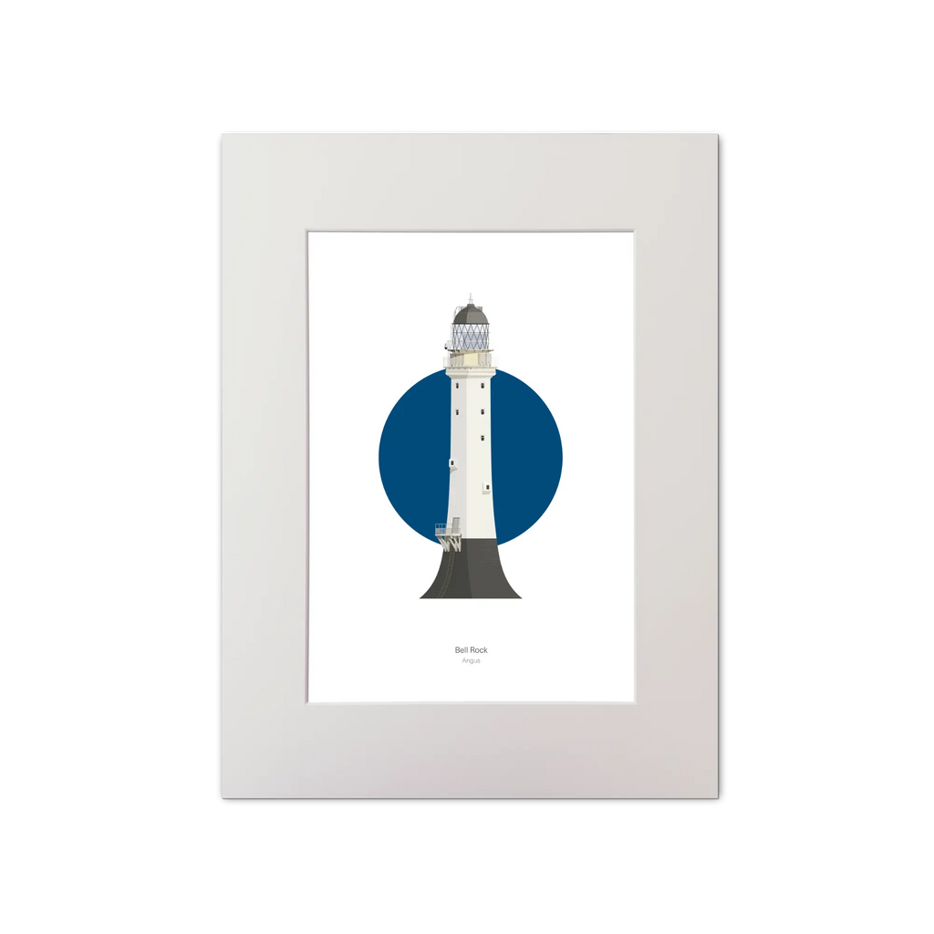 Artwork of Bell Rock lighthouse with a blue circle on a white background