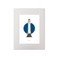 Artwork of Bell Rock lighthouse with a blue circle on a white background