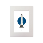 Artwork of Bell Rock lighthouse with a blue circle on a white background