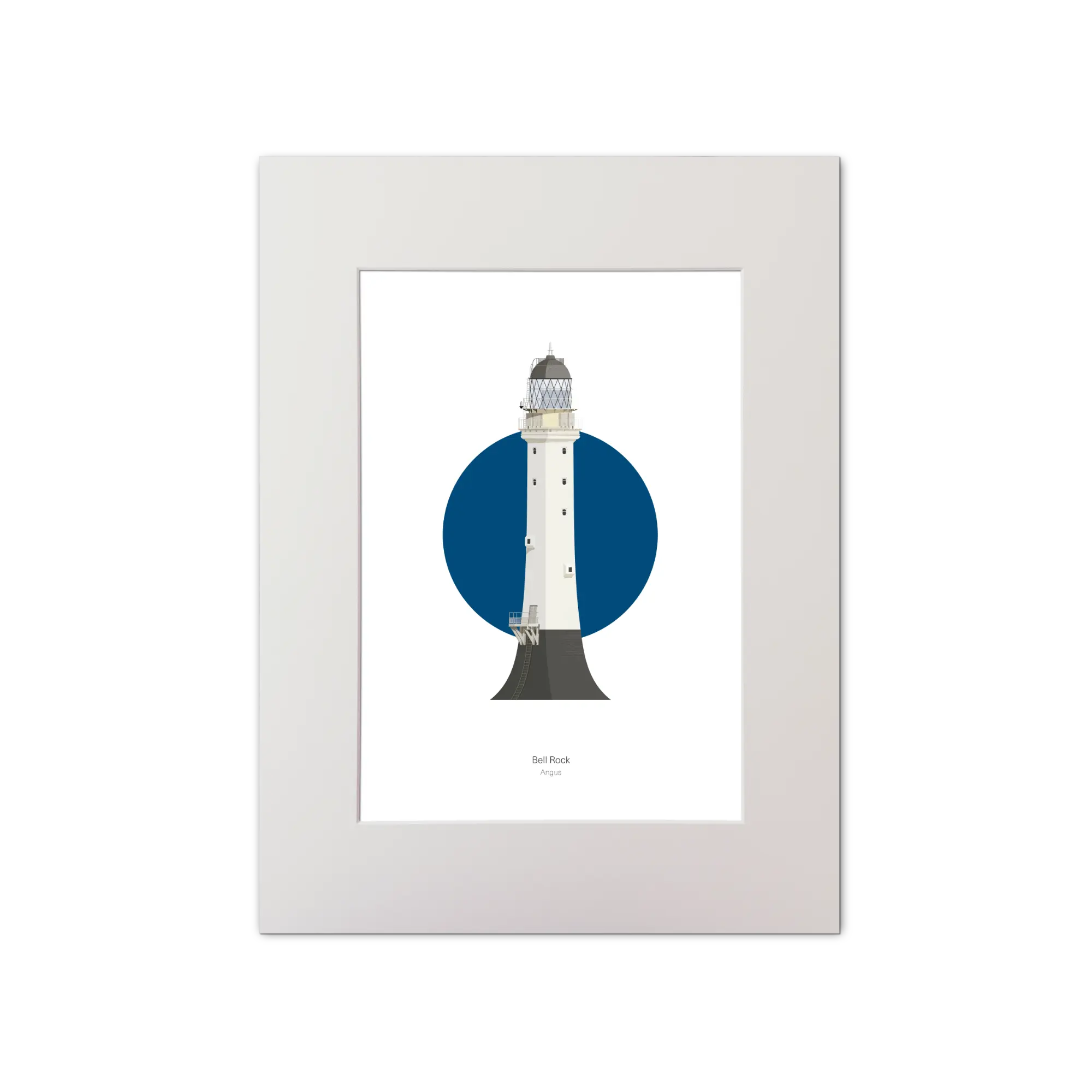 Artwork of Bell Rock lighthouse with a blue circle on a white background