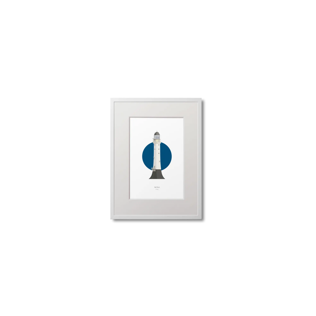 Framed lighthouse artwork with a blue circle and white tower on a white background