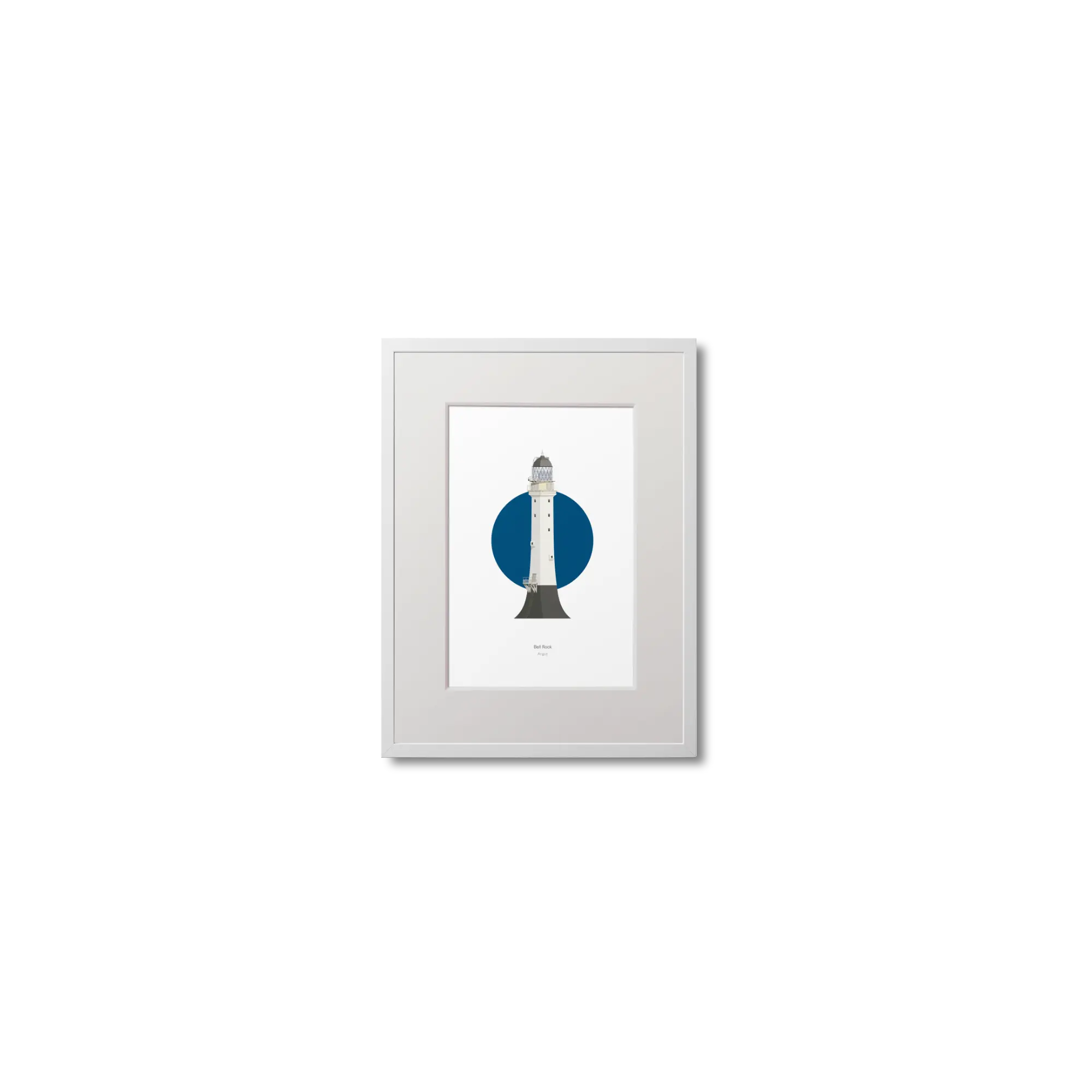Framed lighthouse artwork with a blue circle and white tower on a white background