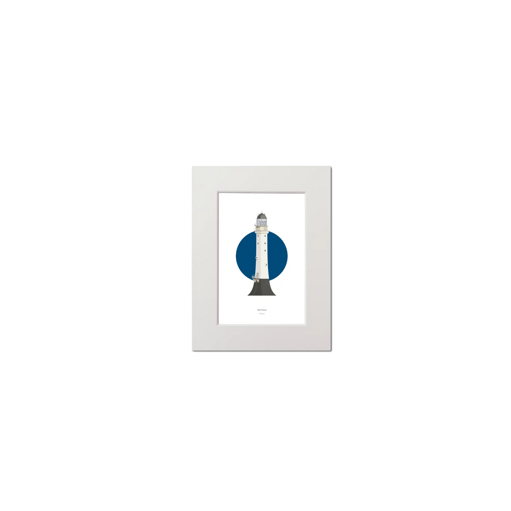 Artwork of a Scottish lighthouse Bell Rock with a blue circular background on white