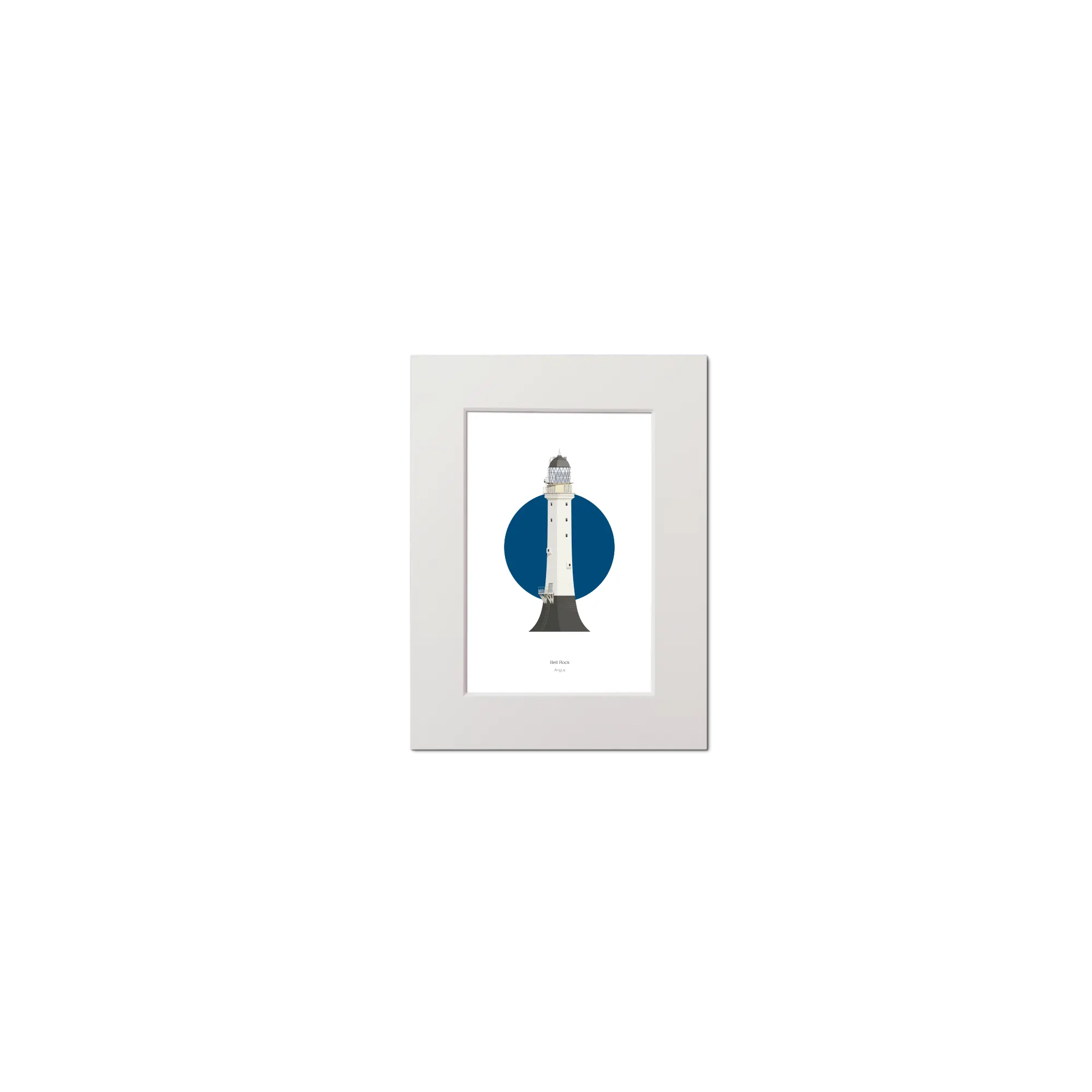 Artwork of a Scottish lighthouse Bell Rock with a blue circular background on white