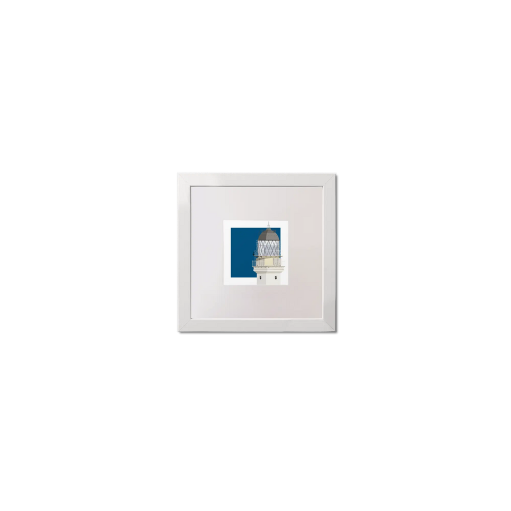 Illustrated artwork of a Scottish lighthouse with a blue square on a white background