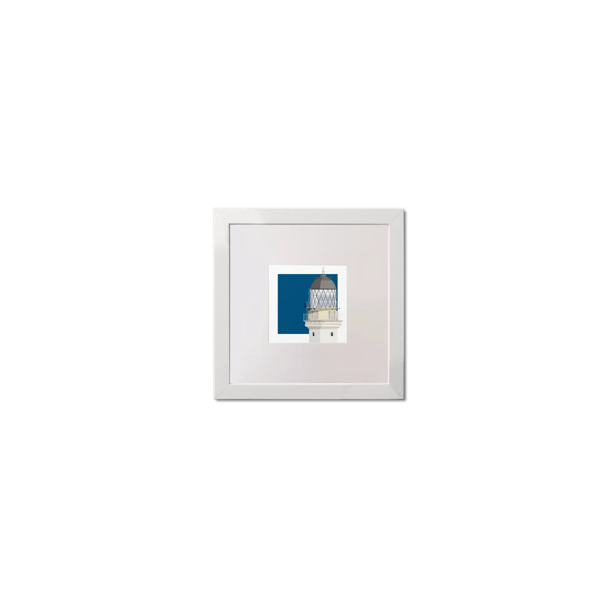 Illustrated artwork of a Scottish lighthouse with a blue square on a white background