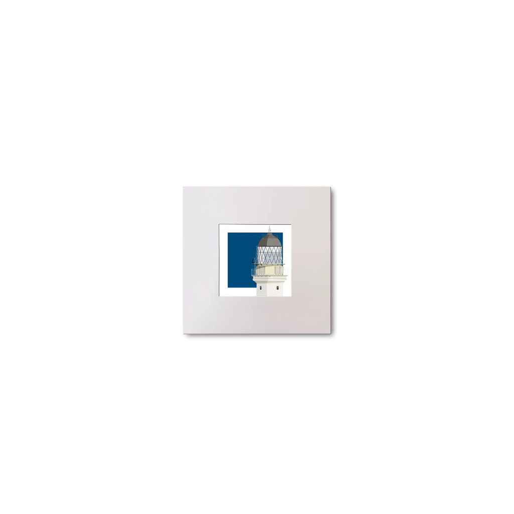 Medium sized square art print of a red lighthouse on a blue square background.