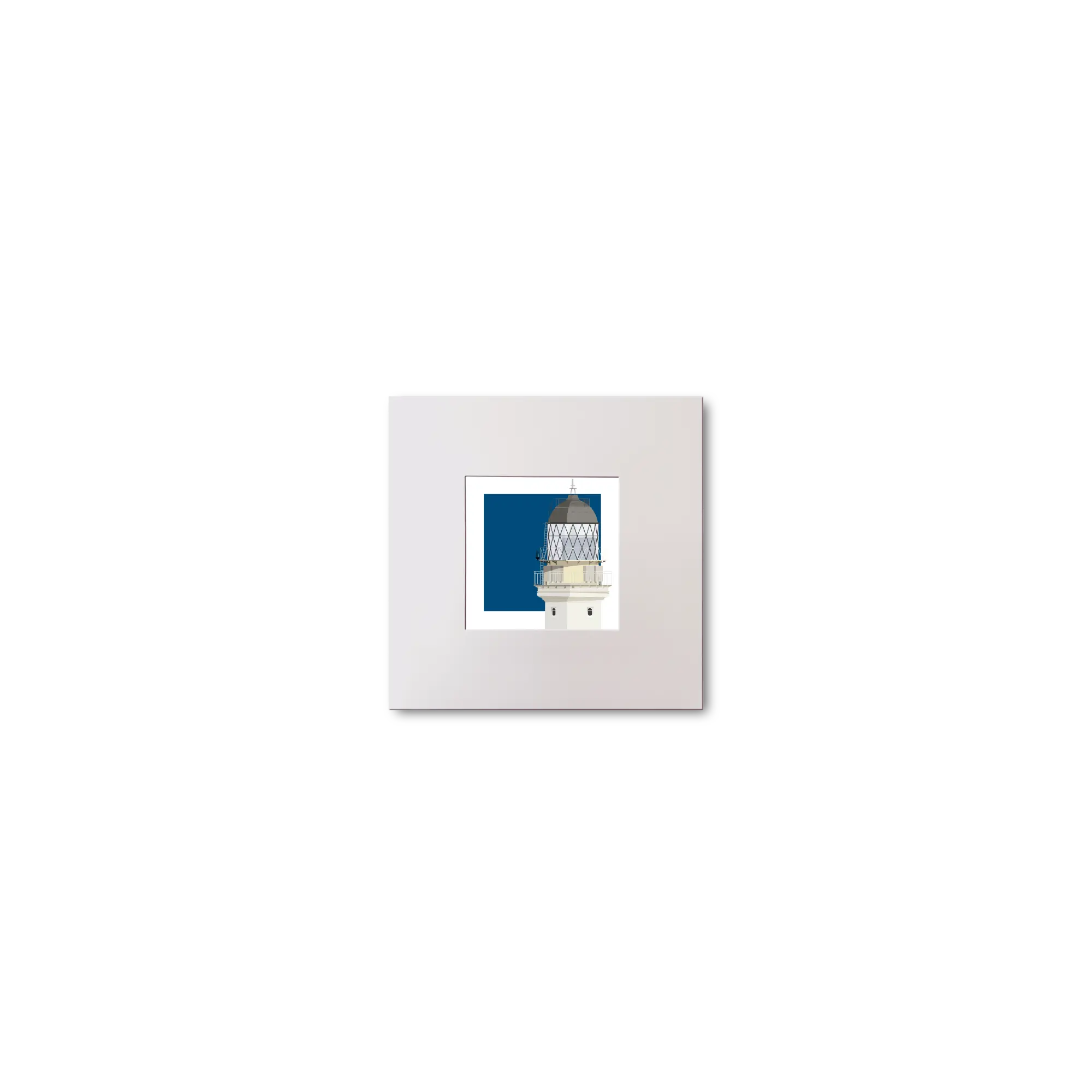 Medium sized square art print of a red lighthouse on a blue square background.