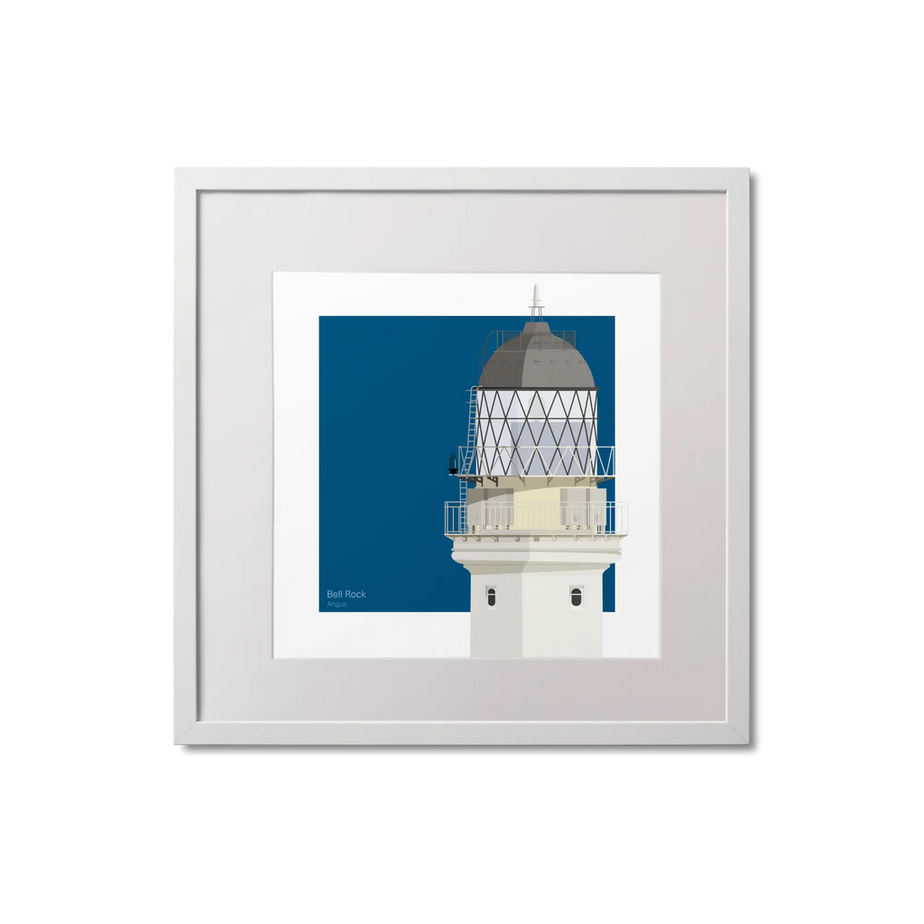 Framed illustration of Bell Rock lighthouse with a blue square on a white background