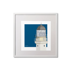 Framed illustration of Bell Rock lighthouse with a blue square on a white background
