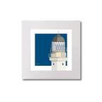 Artwork of Scottish lighthouse Bell Rock with a blue square background on white