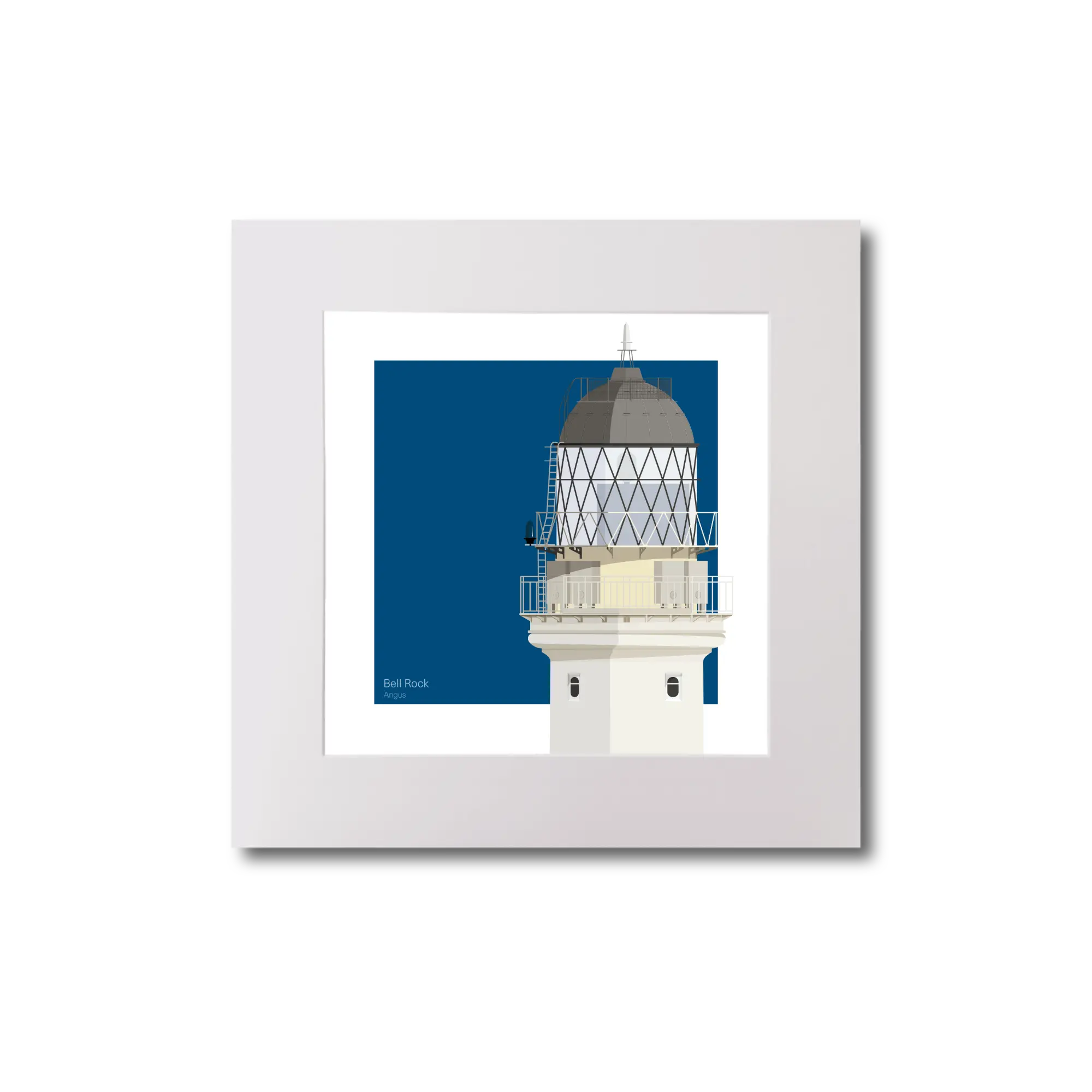 Artwork of Scottish lighthouse Bell Rock with a blue square background on white