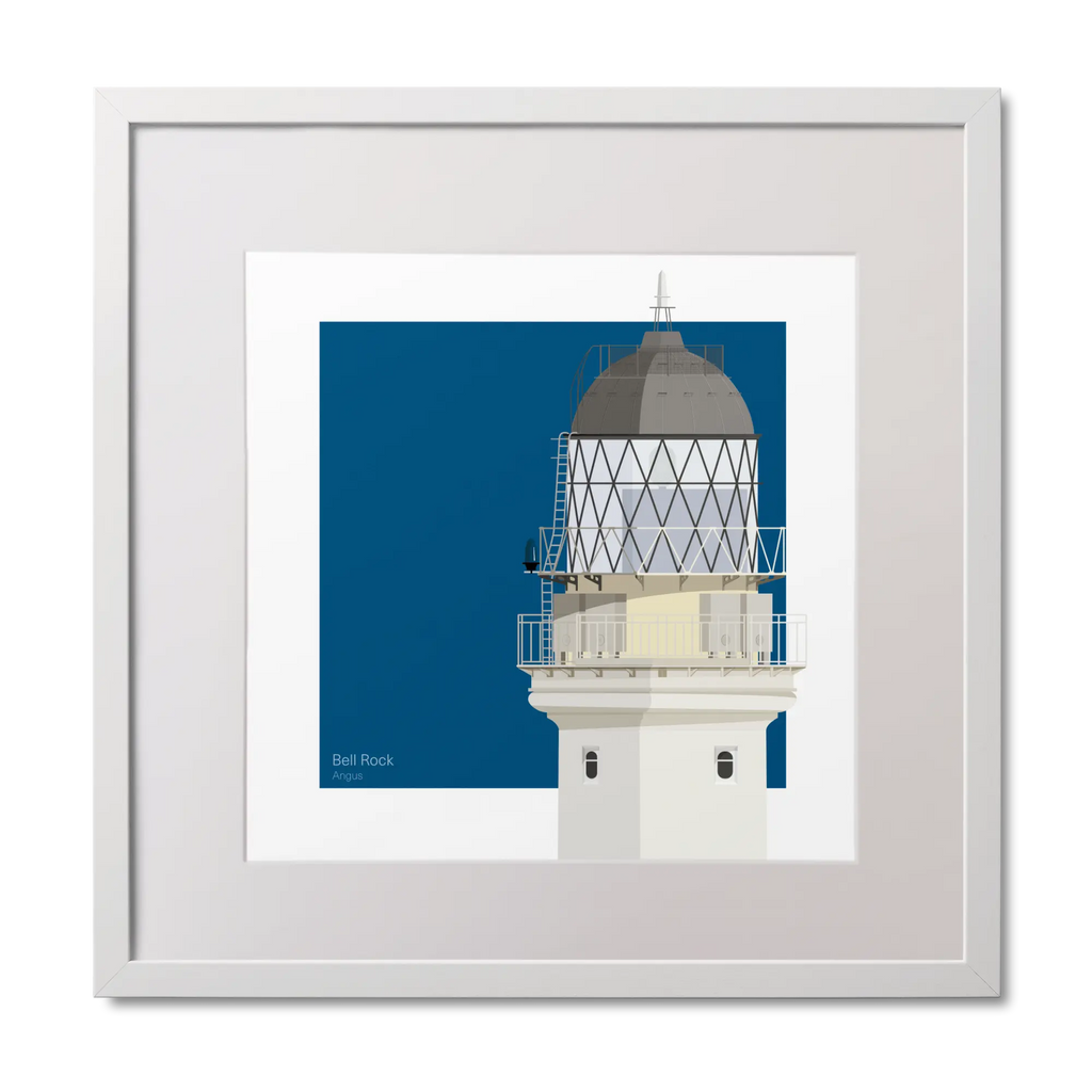 Small illustrated square print of a red lighthouse on a blue square background.