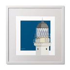 Small illustrated square print of a red lighthouse on a blue square background.