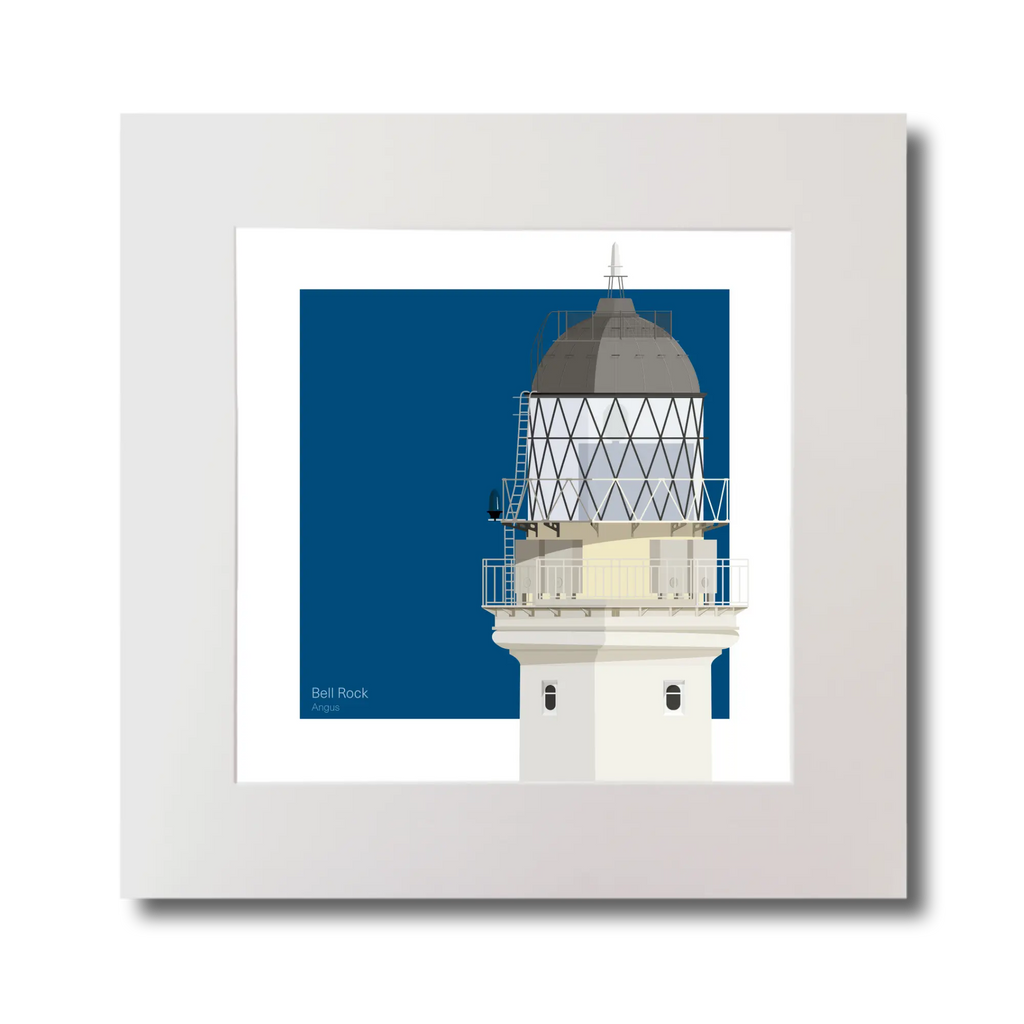 Square artwork of Bell Rock lighthouse with a blue square on a white background