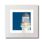Square artwork of Bell Rock lighthouse with a blue square on a white background