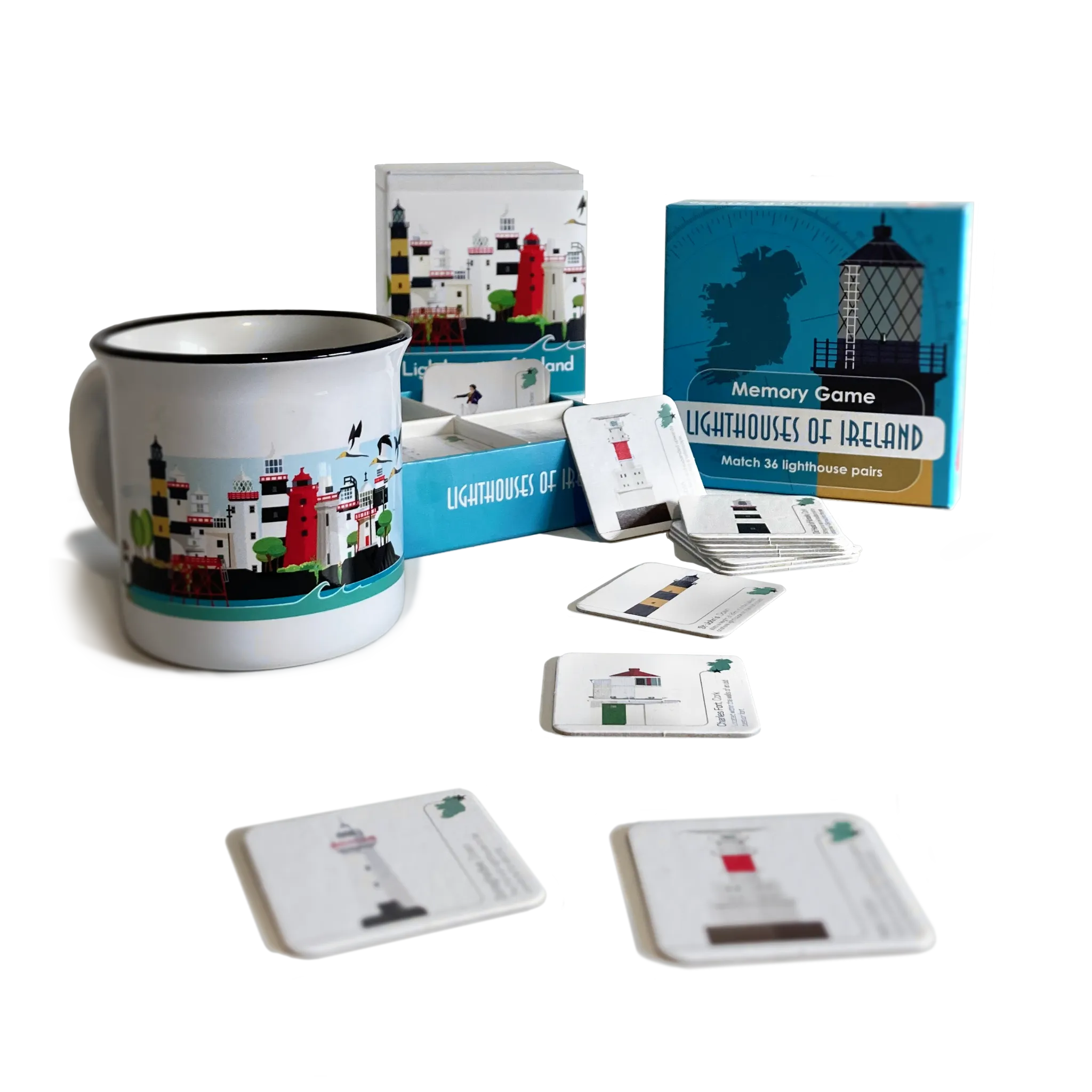 Lighthouse-themed mug and memory game set on a white background