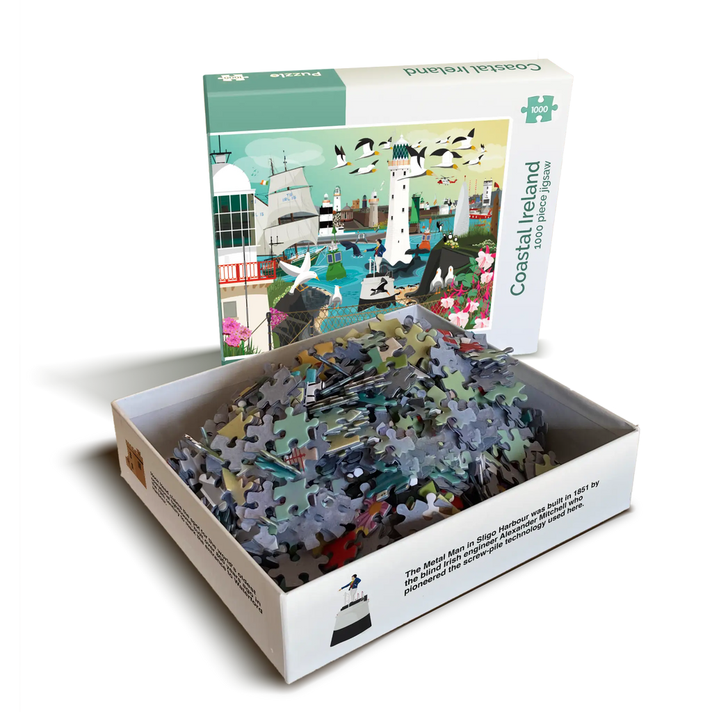Coastal Ireland 1000 piece jigsaw puzzle open box showing puzzle pieces