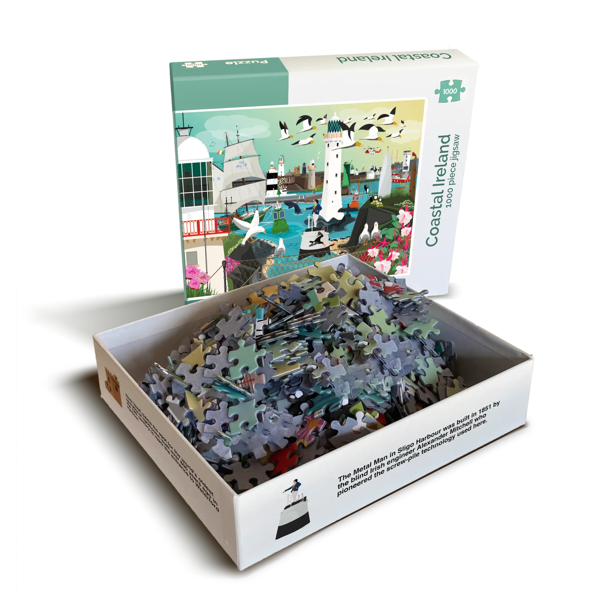 Coastal Ireland 1000 piece jigsaw puzzle open box showing puzzle pieces