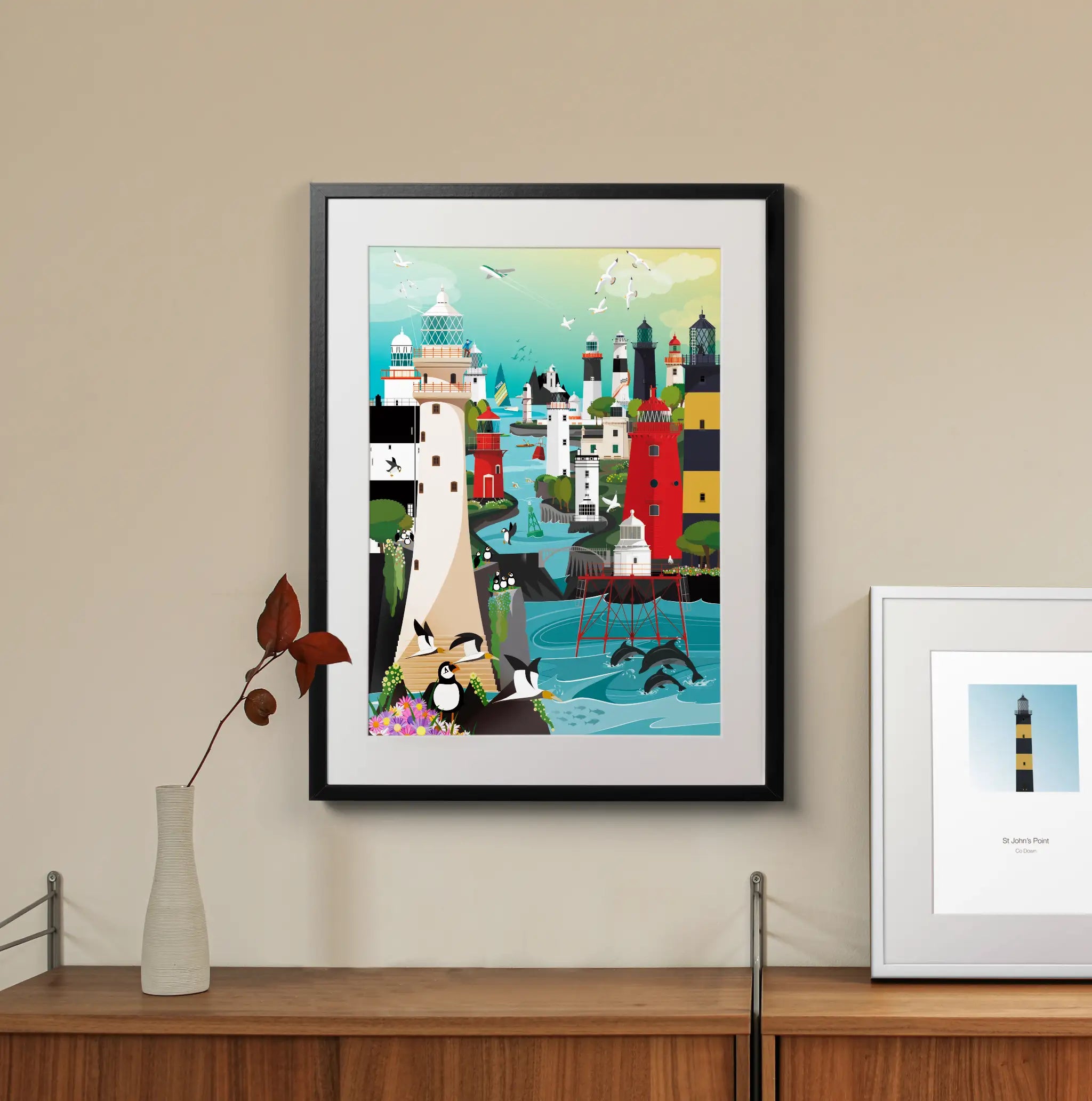 Jigsaw puzzle, framed and hanging above a cabinet