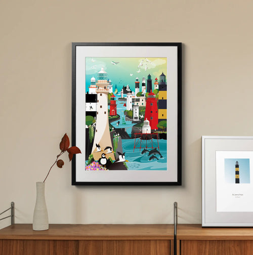 Jigsaw puzzle, framed and hanging above a cabinet