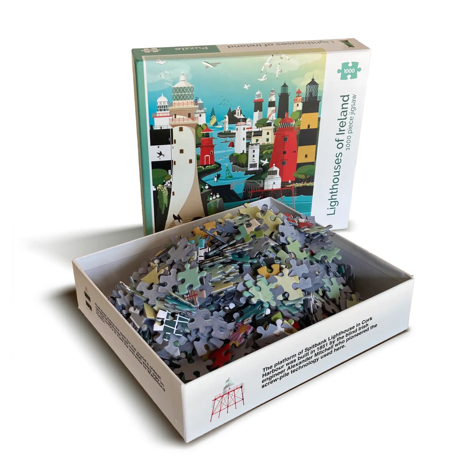 Jigsaw puzzle, lighthouses of Ireland, open box with puzzle pieces visible
