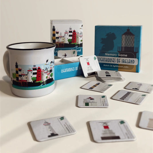 Lighthhouses of Ireland 72 tile memory game with vintage style ceramic mug displaying 16 lighthouses of Ireland