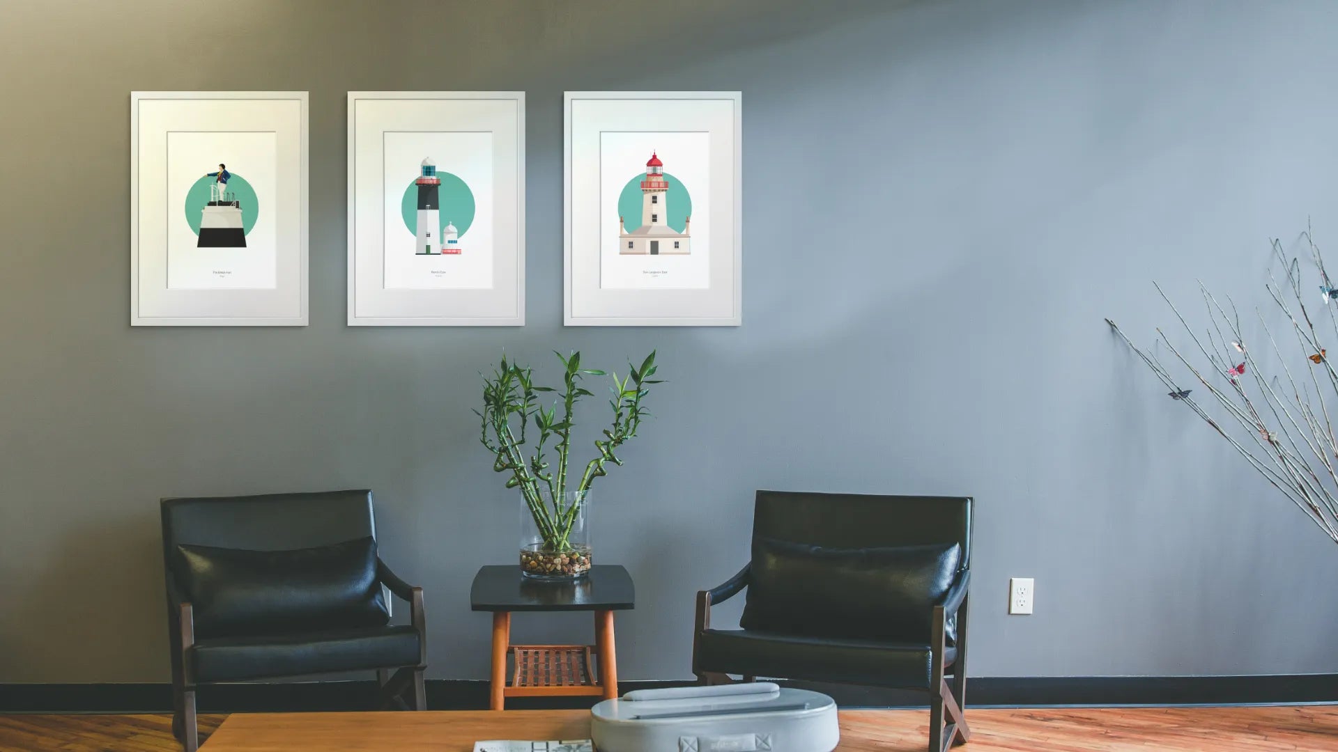 3 lighthouse illustrations hanging on a wall from the updated 2024 collection