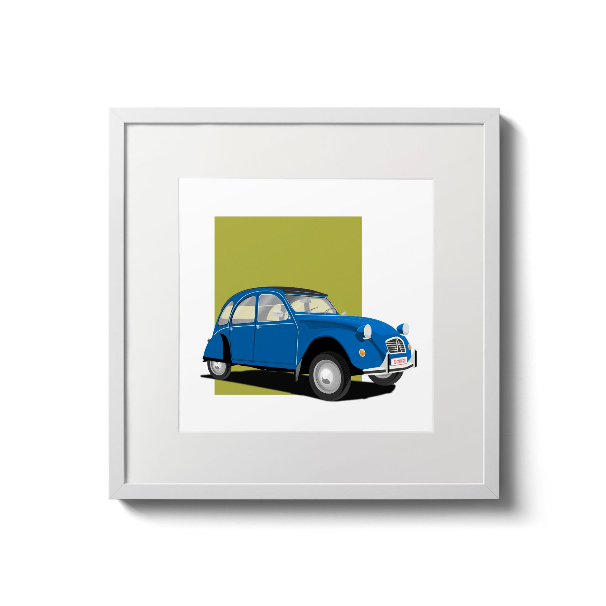 Illustration of a blue Citroën 2CV, in a white frame and measuring 20 by 20 cm