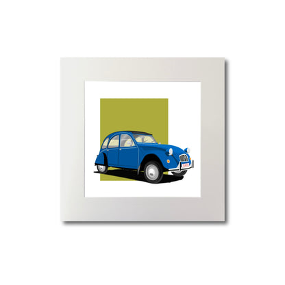 Illustration of a blue Citroën 2CV, mounted and measuring 20 by 20 cm