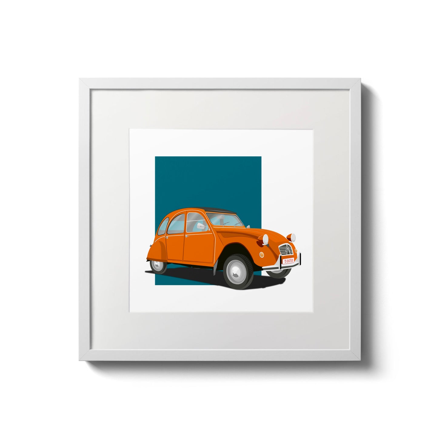 Illustration of an orange Citroën 2CV, in a white frame and measuring 20 by 20 cm