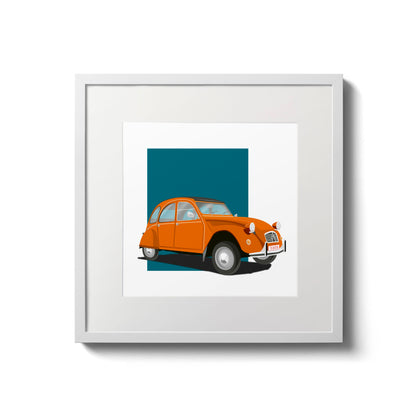 Illustration of an orange Citroën 2CV, in a white frame and measuring 20 by 20 cm
