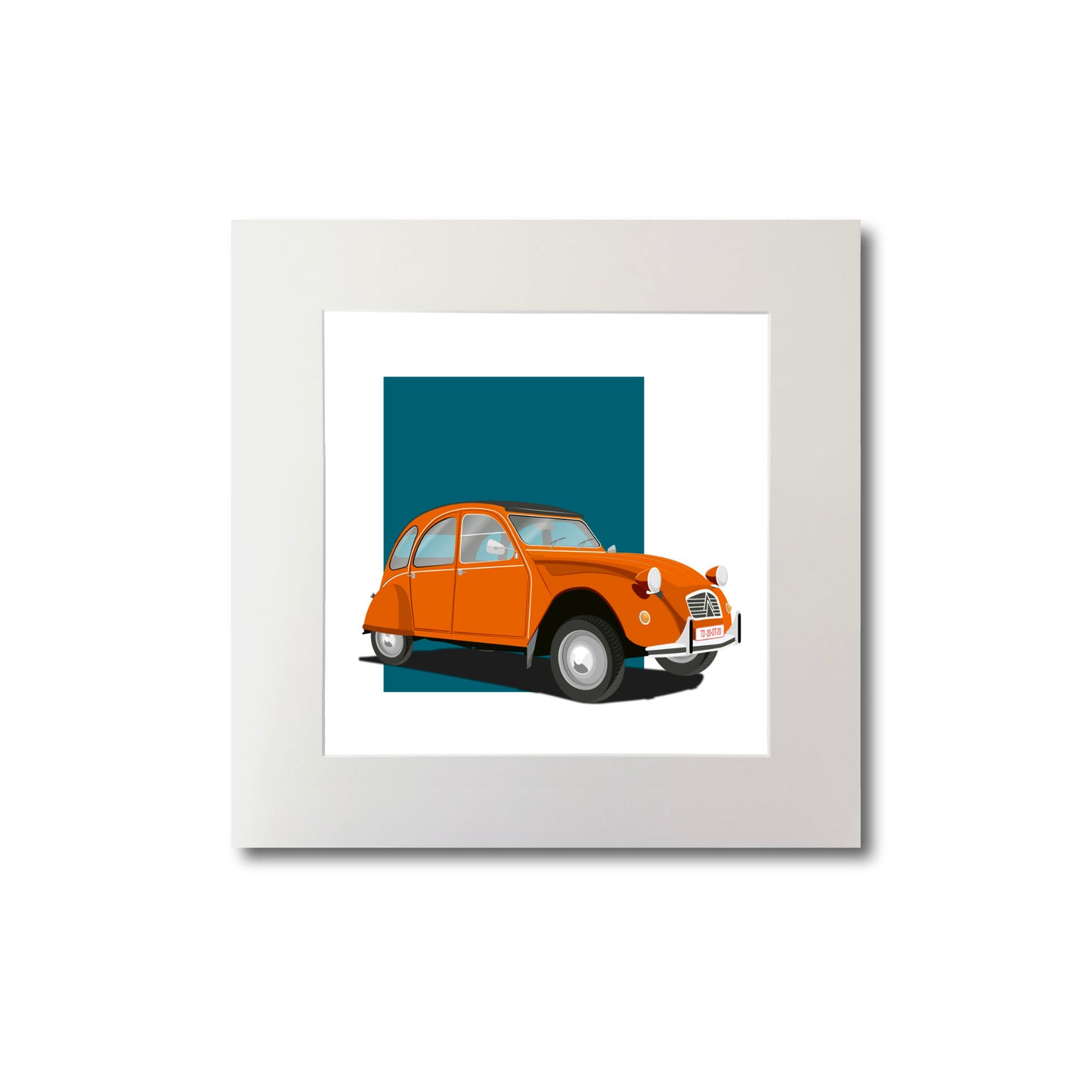 Illustration of an orange Citroën 2CV, mounted and measuring 20 by 20 cm