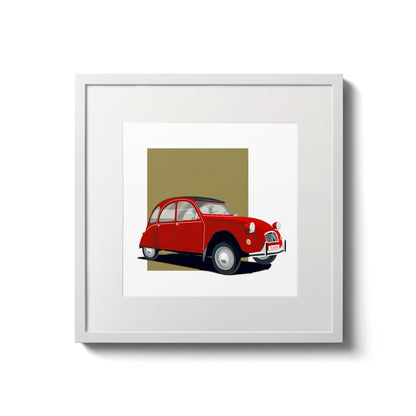 Illustration of a red Citroën 2CV, in a white frame and measuring 20 by 20 cm