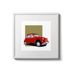 Illustration of a red Citroën 2CV, in a white frame and measuring 20 by 20 cm