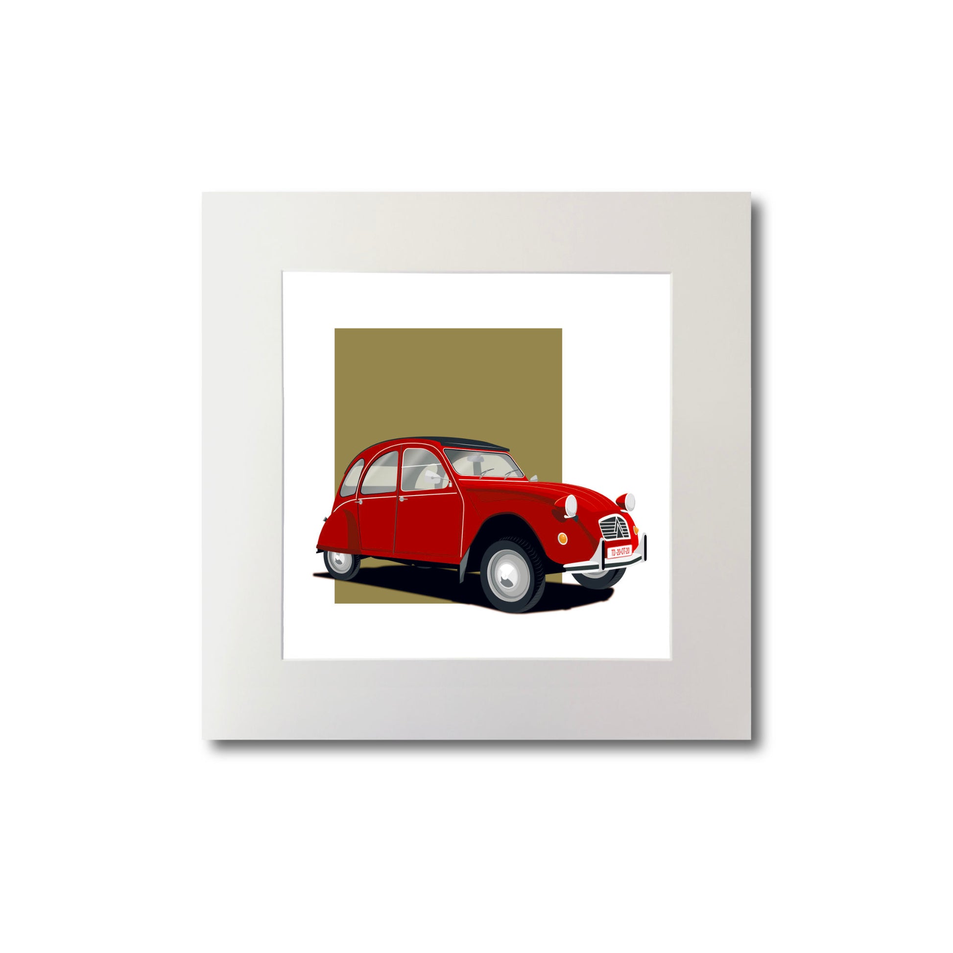 Illustration of a red Citroën 2CV, mounted and measuring 20 by 20 cm