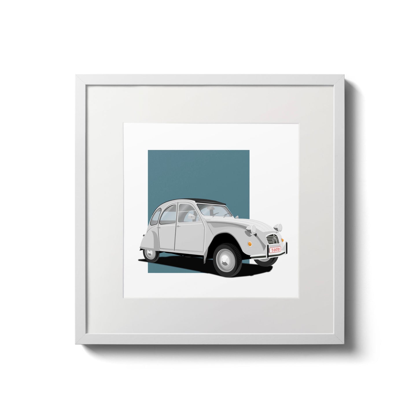 Illustration of a white Citroën 2CV, in a white frame and measuring 20 by 20 cm