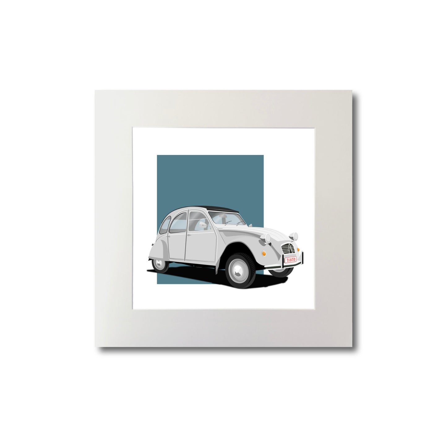 Illustration of a white Citroën 2CV, mounted and measuring 20 by 20 cm