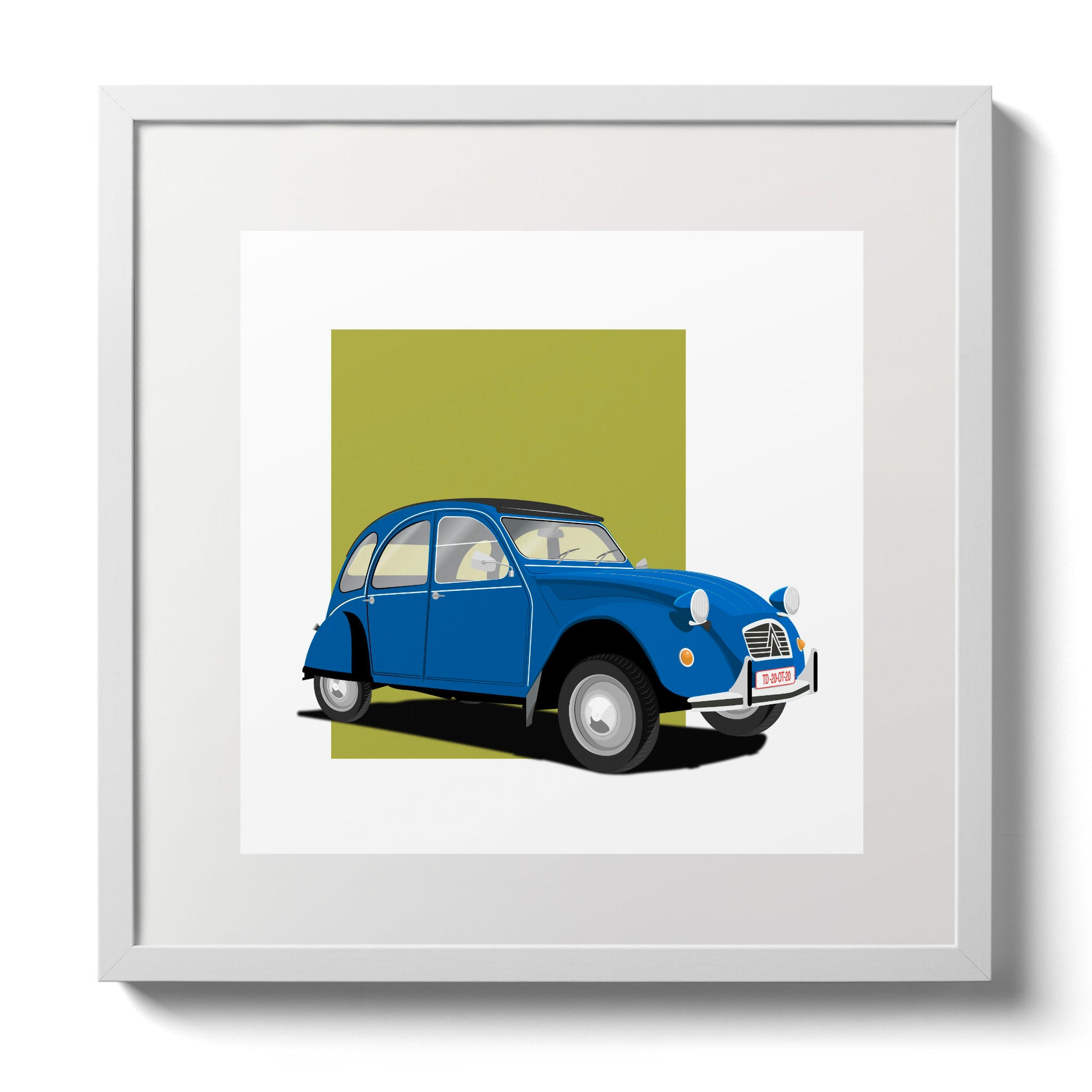Illustration of a blue Citroën 2CV, in a white frame and measuring 30 by 30 cm
