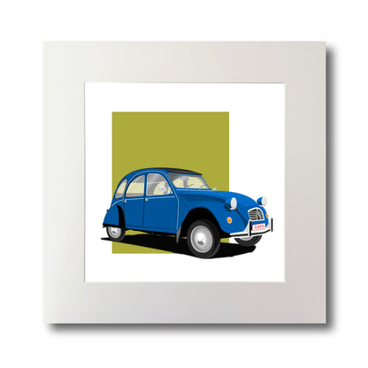 Illustration of a blue Citroën 2CV, mounted and measuring 30 by 30 cm