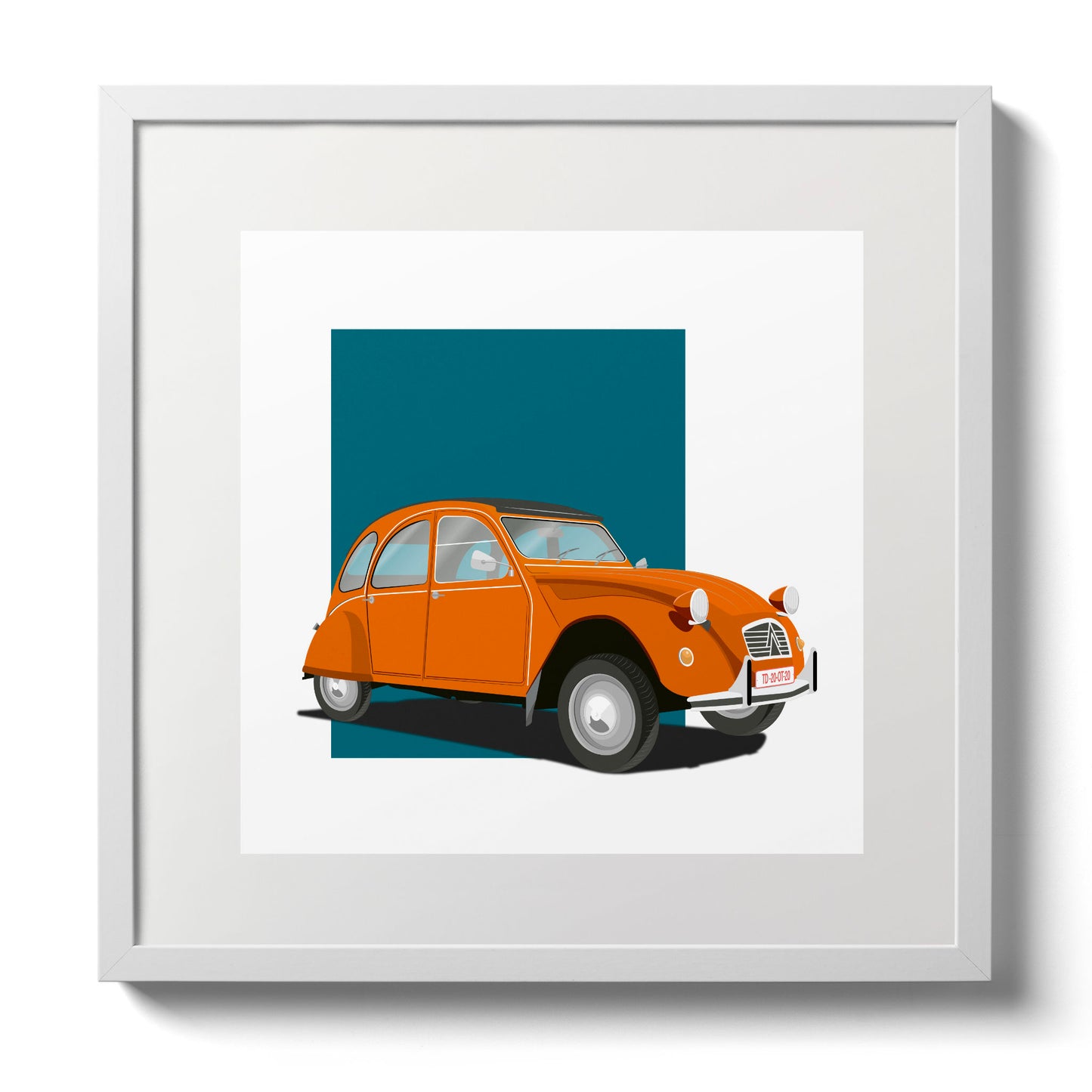 Illustration of an orange Citroën 2CV, in a white frame and measuring 30 by 30 cm