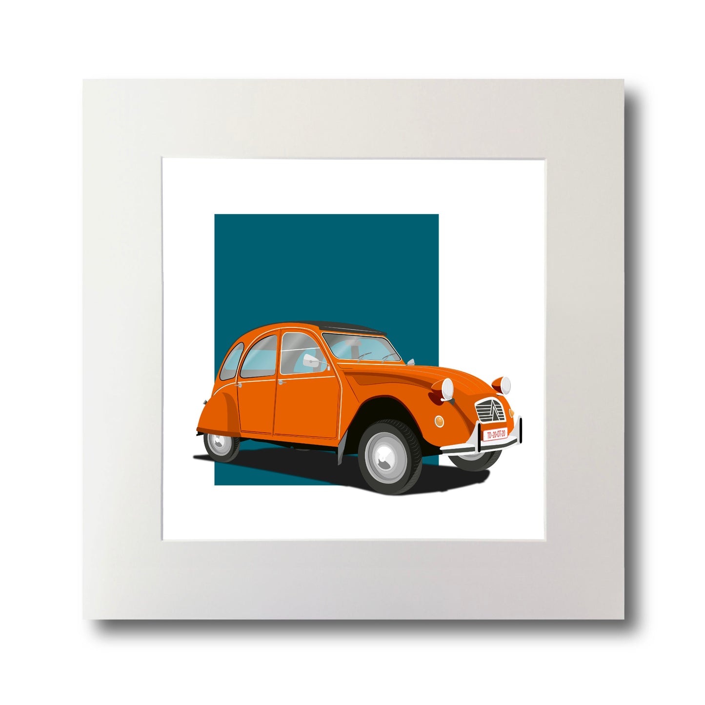 Illustration of an orange Citroën 2CV, mounted and measuring 30 by 30 cm
