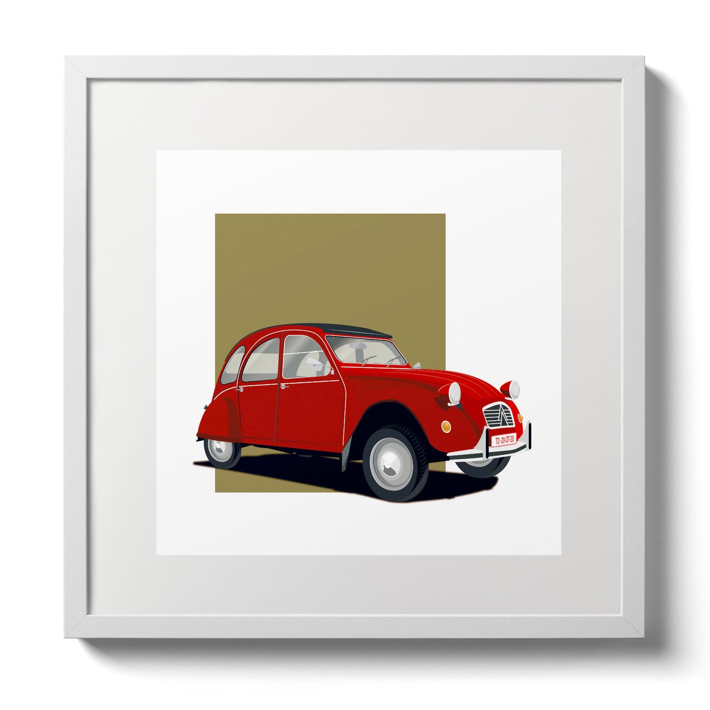 Illustration of a red Citroën 2CV, in a white frame and measuring 30 by 30 cm