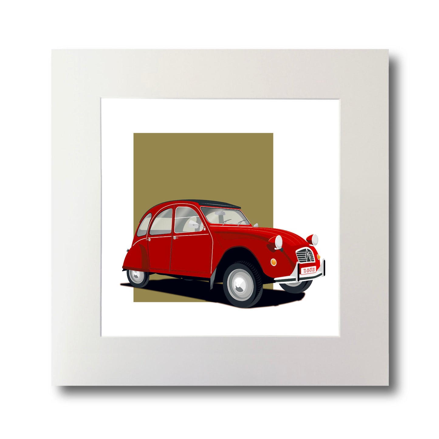 Illustration of a red Citroën 2CV, mounted and measuring 30 by 30 cm