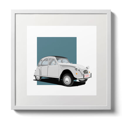 Illustration of a white Citroën 2CV, in a white frame and measuring 30 by 30 cm