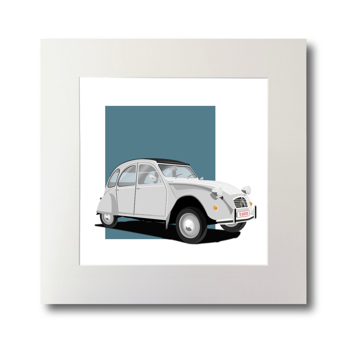 Illustration of a white Citroën 2CV, mounted and measuring 30 by 30 cm